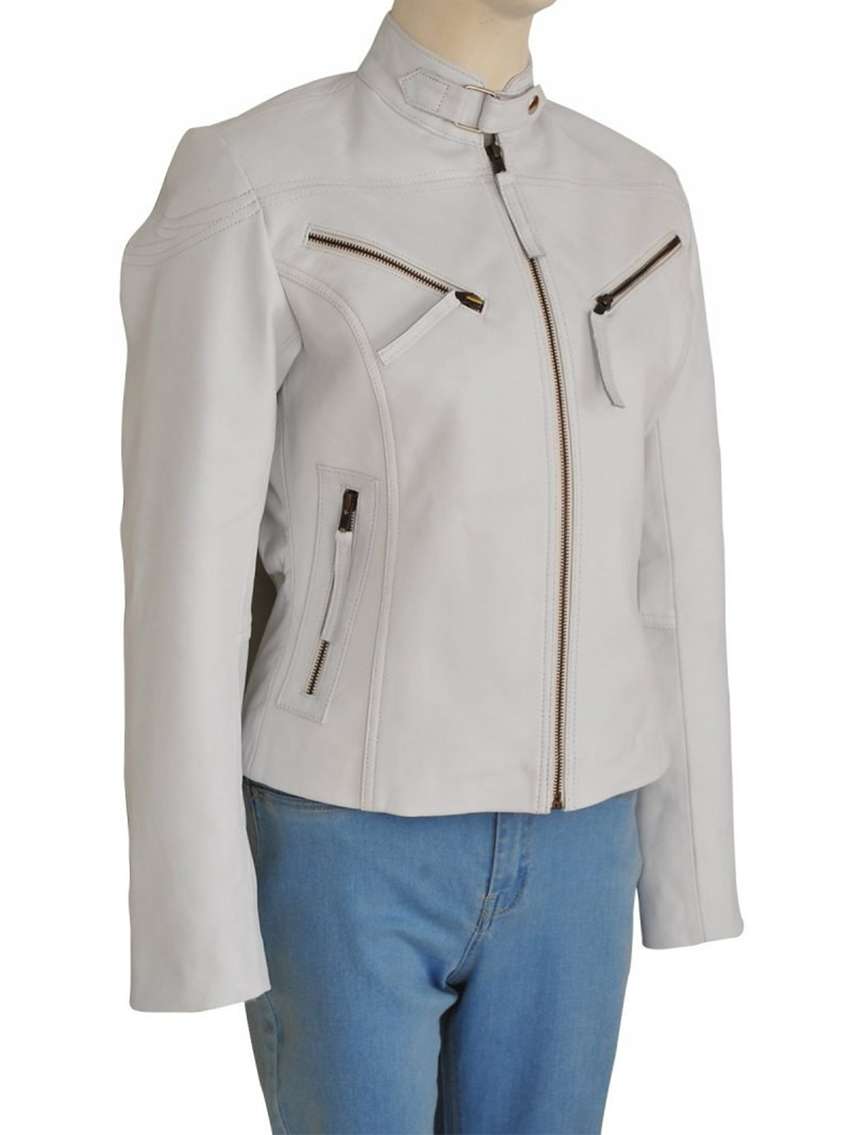 Womens Slim Fit White Moto Biker Leather Jacket – Bay Perfect